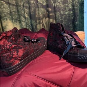 Converse Black and Red Lace High-Top Sneakers